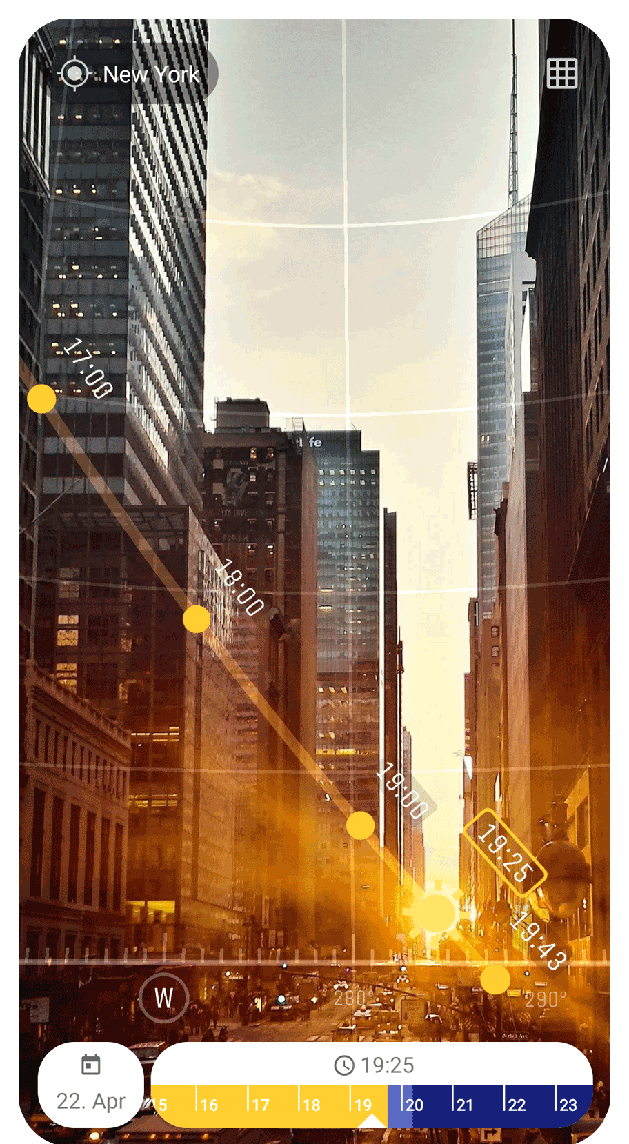 Sunnytrack App Screenshot showing AR 3D live sun movement for New York City