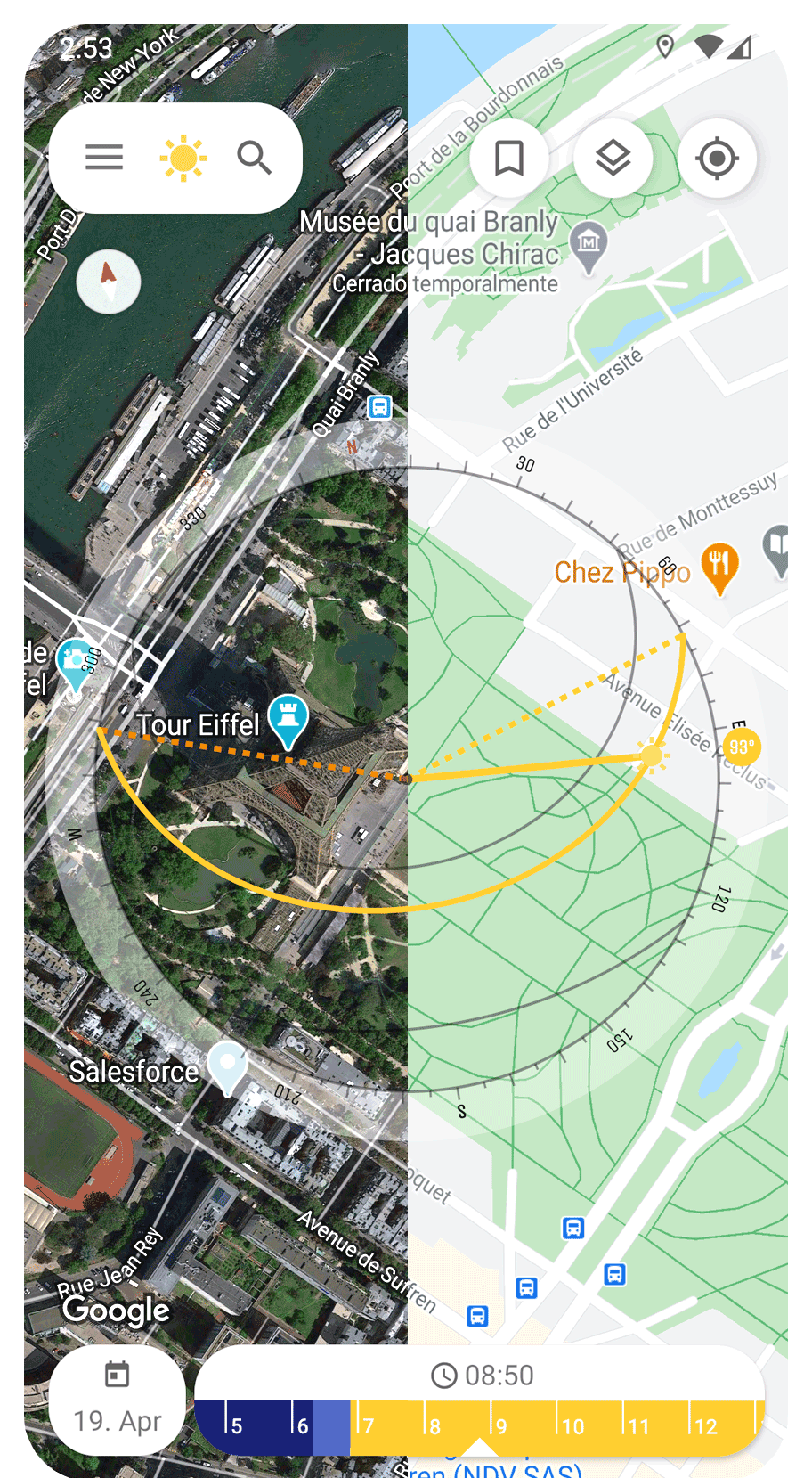 Sunnytrack App Screenshot showing Map View for Eiffel Tower with different map styles